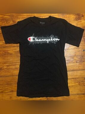 Champion Black Tee with White Script and Red Emblem